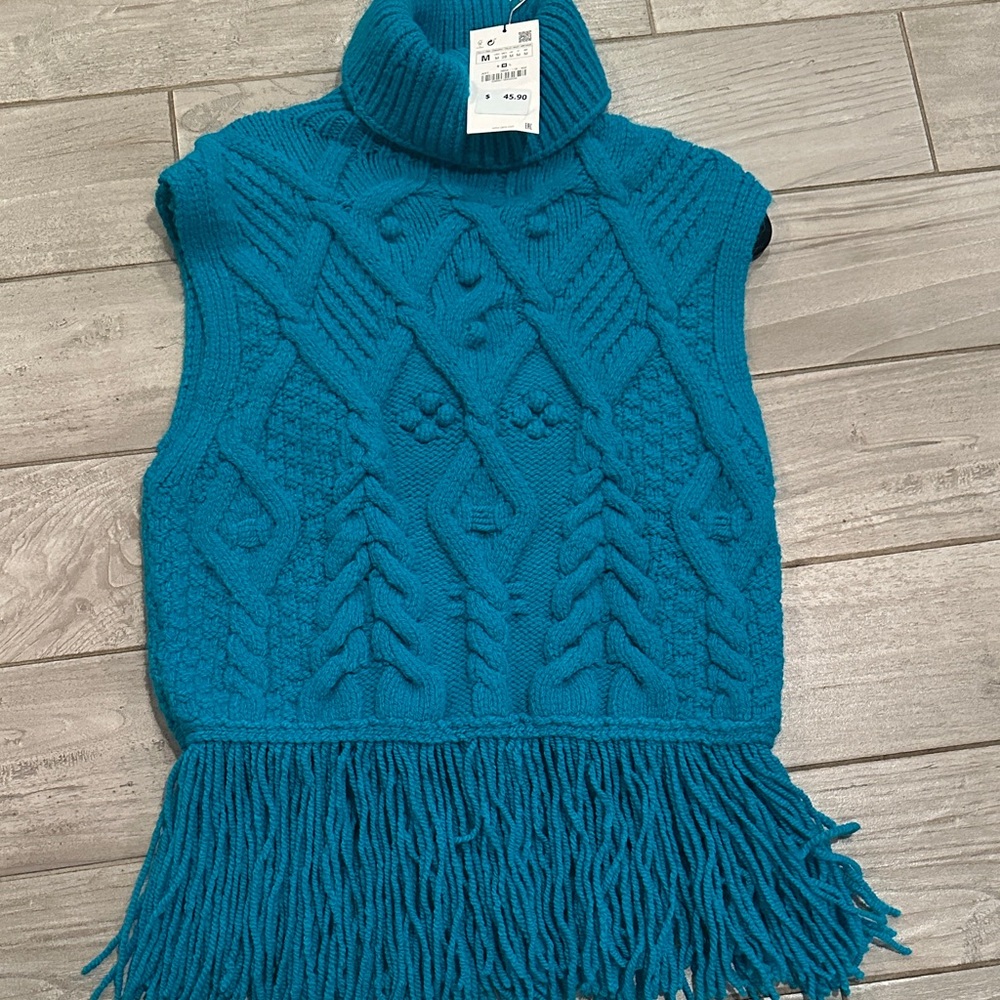 NWT- Zara Teal Knit Sleeveless Turtleneck Sweater with Fringe